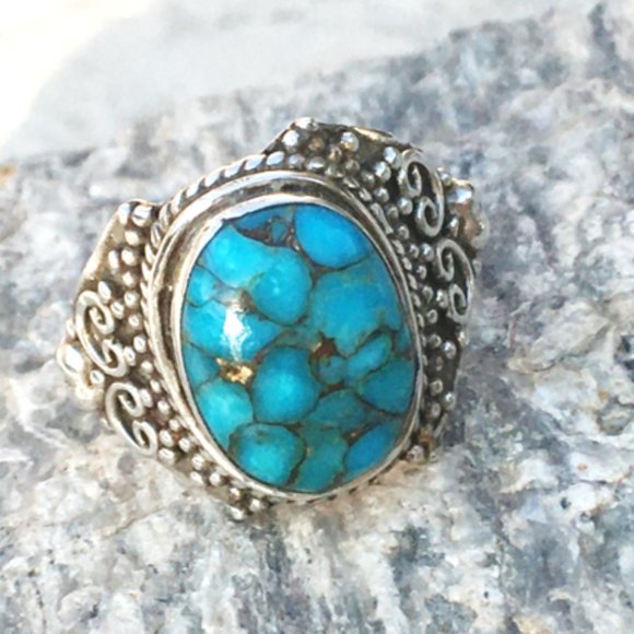 Blue Copper Turquoise .925 Ring Ornate Silver - Picture 16 of 16